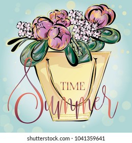 Summer time banner with beautiful flower bouquet, luxury hand drawn vector illustration clipart art