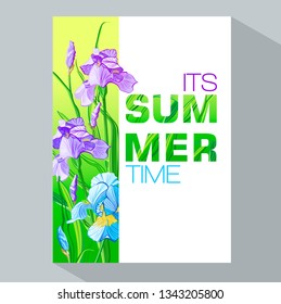 Its Summer Time  banner with blue and purple flowers, flower iris design for banner, flyer, invitation, poster, placard, web site or greeting card. Vector illustration