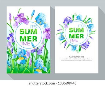 Its Summer Time  banner with blue and purple flowers, flower iris design for banner, flyer, invitation, poster, placard, web site or greeting card. Vector illustration