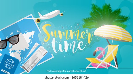 Summer time. The banner is blue. World map, sun glasses, airplane thumbnail, beach deck chair and umbrella. An inflatable circle in the form of a pink flamingo. Vector illustration.