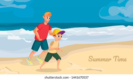 Summer Time Banner. Cartoon Man Boy Play on Sand Beach Vector Illustration. Happy Family Summer Trip. Father Son Travel. Dad Child Recreation Seaside. Tropical Vacation Seashore Resort
