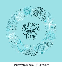 Summer time banner in circle composition. Hand drawn sea shells and stars collection. Marine illustration of ocean shellfish. Seashells contour arranged in circle on blue background.