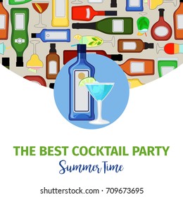 Summer time banner for cocktail bar with blue gin alcohol, vector illustration