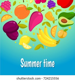 Summer time banner. Colorful background with fresh fruits. Vector illustration