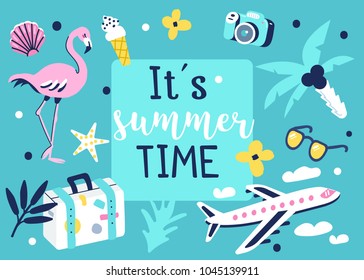 Summer time banner with colorful  elements. Travel and summer vacation set. Vector illustration.

