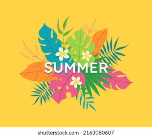 Summer time banner. Creative bright, colorful, yellow, fun background with tropical leaves and plumeria flowers. Summer sale, poster template, greeting card.