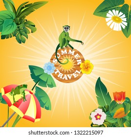Summer time  banner design with ape sitting on desk text and travel elements in sunny background. Vector illustration