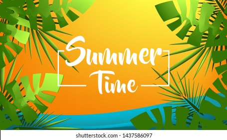 Summer Time banner design with colorful beach elements. Illustration 