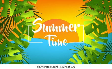 Summer Time banner design with colorful beach elements. Illustration 