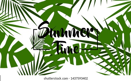 Summer Time banner design with tropical leaves elements. Illustration