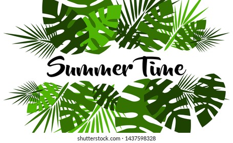 Summer Time banner design with tropical leaves elements. Illustration