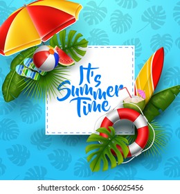 It's summer time banner design with white square for text and beach elements on blue background