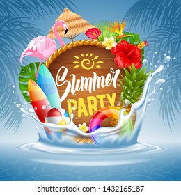 Summer time banner design with a wooden circle for text and colorful elements of a tropical vacation. Everything falls into the sea water with splashes. Vector illustration