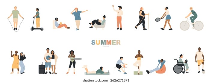 Summer time banner. Different people are engaged in various types of leisure and relaxation.	