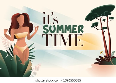 Summer time banner. Flat design vector illustration for background, mobile and social media banner template, summertime card, poster, travel and shopping ads, marketing material.