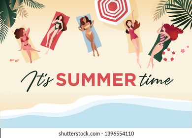 Summer time banner. Flat design vector illustration for background, mobile and social media banner template, summertime card, poster, travel and shopping ads, marketing material.