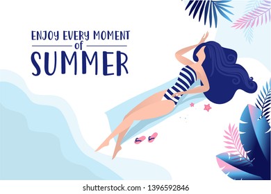 Summer time banner. Flat design vector illustration for background, mobile and social media banner template, summertime card, poster, travel and shopping ads, marketing material.