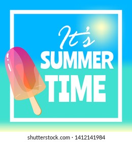 Summer time banner, flyer or poster. Vector illustration with text inside white frame.