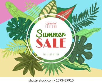 Summer time banner, flyer vector illustration. Tropical leaves. Amazing palms. Jungle leaves, split leaf, philodendron plant. Advertisement of summer sales for shop. Botanical concept.