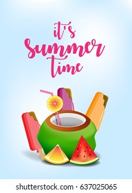 Summer time banner with fresh fruits and ice cream, colorful design element - vector illustrator