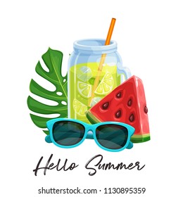 Summer time banner with glass of lemonade cocktail, watermelon, sunglasses and tropical leaves. Vector illustration.