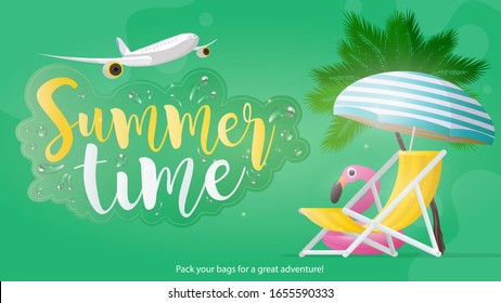 Summer time banner. Green background on a summer theme. Deck chair and sun umbrella with yellow stripes isolated on white background. Palm trees and pink flamingo swimming circle. Vector