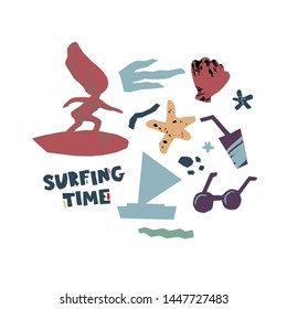 Summer time banner with hand drawn lettering, surfer, cocktail, sunglasses for banner, flyer, invitation, poster, web site or greeting card. Paper cut style, vector illustration