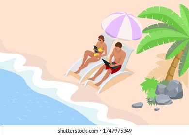 It's Summer time banner. Summer Luxury vacation. Isometric beautiful girl in a swimsuit sits in a beach chair and takes a selfie on the background of the sea