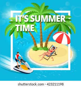It's Summer time banner. Summer Luxury vacation. Our travel destinations banner. Palm, trunk, glass of juice, camera, photos, sunscreen, sun glasses, beach chair.