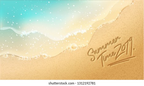 Summer Time banner. New trendy realistic sand and sea texture. Season vocation, weekend, holiday logo. Summer Time Wallpaper. Happy shiny Day. Vector Lettering. Fashionable styling. Traveling poster.