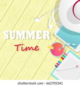 Summer time banner with notebook, pencil, cocktail, the tablet, earphones and hat