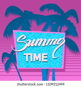 Summer time banner. Palm silhouette and text on a blue background. Beach party