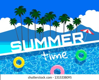 summer time banner with palm trees beach swimming pool