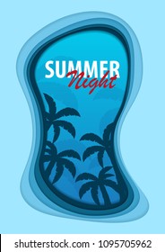 Summer Time banner with palms. Paper cut and craft style. Vector illustration