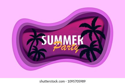 Summer Time banner with palms. Paper cut and craft style. Vector illustration