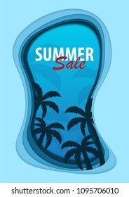 Summer Time banner with palms. Paper cut and craft style. Vector illustration