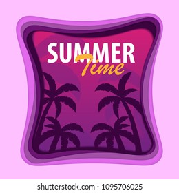 Summer Time banner with palms. Paper cut and craft style. Vector illustration