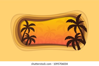 Summer Time banner with palms. Paper cut and craft style. Vector illustration