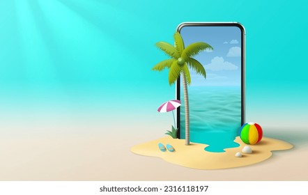 Summer time banner phone, season party bar app, tropical fruity. Vector illustration