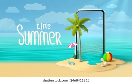 Summer time banner phone, season party bar app, tropical fruity. Vector illustration