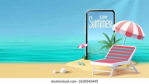 Summer time banner phone, season party bar app, tropical fruity. Vector illustration