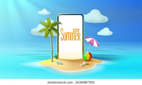 Summer time banner phone, season party bar app, tropical fruity. Vector illustration