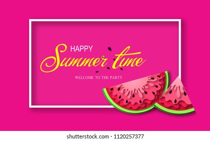 Summer time banner with pieces of watermelon, bright paper cut style design. Ideal for summer template, flyer, sale postcards, decorative banner design. Vector
