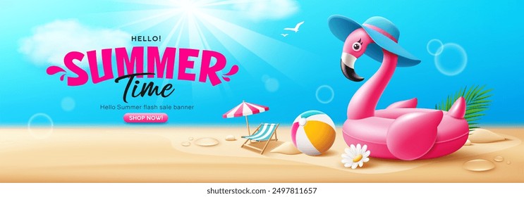 Summer time banner, Pink flamingo inflatable swimming pool ring float, beach umbrella, pile of sand, beach ball, on cloud and sky sand beach background, eps 10 vector illustration