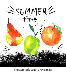 summer time banner with polygonal geometrical origami mosaic fruits on grunge background with splash and drops