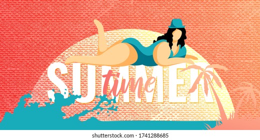 Summer time banner, poster, flyer design with plus size pin up women and colorful sun background. Young girl on text Summer time. Ocean wave and palm tree on tropic island. Vector illustration.