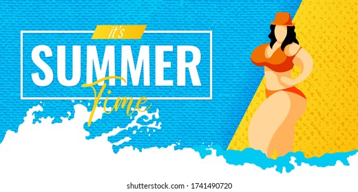 It's Summer time banner, poster, flyer design with plus size pin up women and colorful background. Young girl and text it's Summer time. Ocean wave pattern on blue and yellow. Vector illustration.