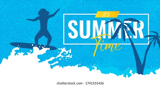 Summer time banner, poster, flyer design with surfer on blue abstract background. Young men on surfboard and text it's Summer time. Ocean wave and palm tree on tropic island. Vector illustration.