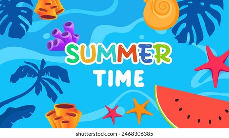 HORA DE VERANO. Anuncio y diseño de Plantilla de póster Ilustración de verano acogedor con una vista de agua de playa fluyendo y estrellas de mar. Hola Summer. Archivo EPS 10