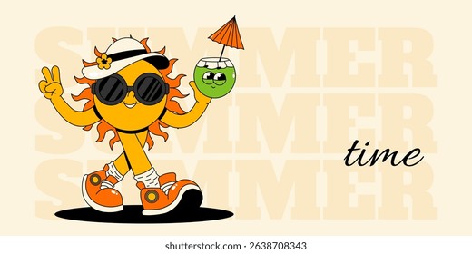 Summer time banner. Retro groovy character sun with cocktail coconut. Vertical vector illustration for advertisement, promo, ad, billboard, promotional